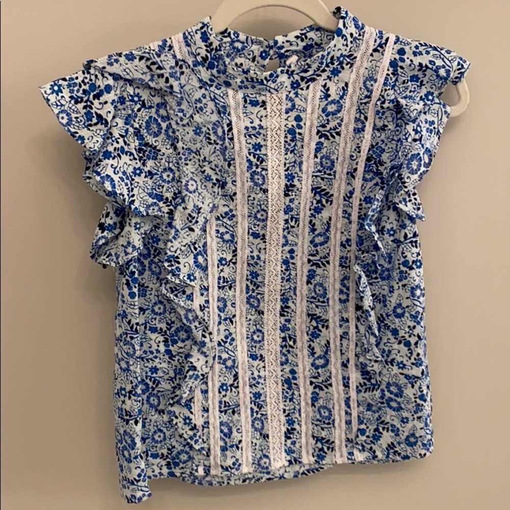 Veronica Beard Sol Floral Ruffle High Neck Top